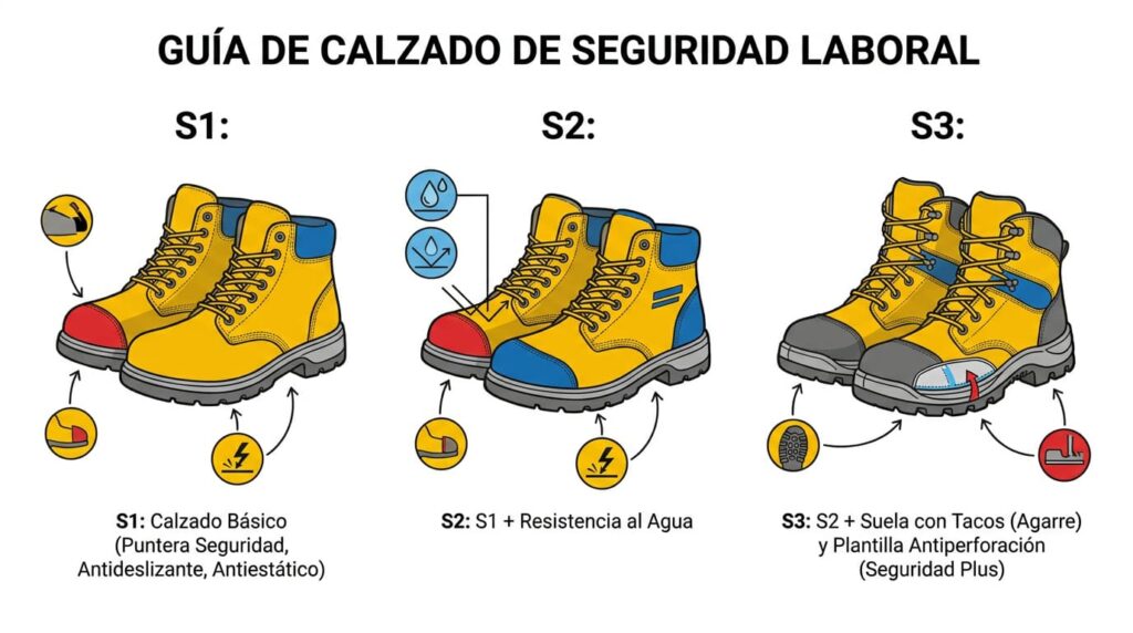 Diferencias entre calzado de seguridad S1 S2 y S3 según la norma EN ISO 20345